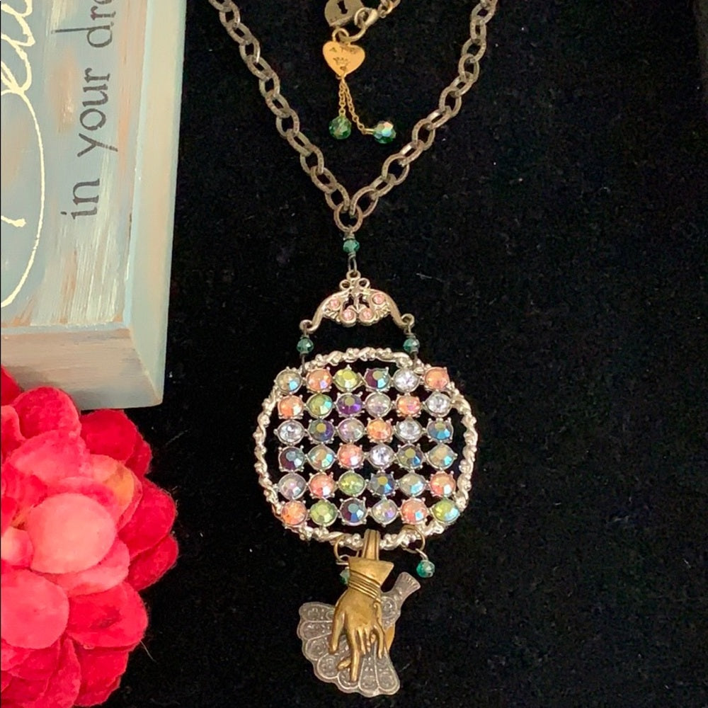 Adorned Crown artisan assemblage pastel rhinestone charm fan necklace