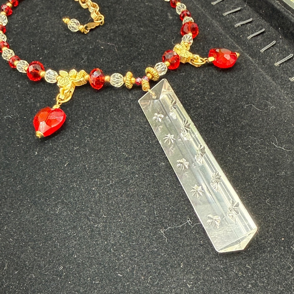Adorned Crown Jewelry assemblage glass crystal red bead cherub necklace