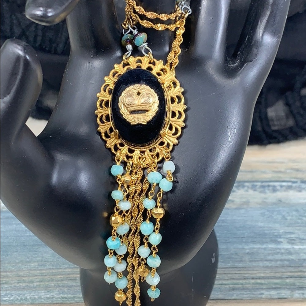 Adorned Crown artisan assemblage aquamarine bead jet black crown necklace