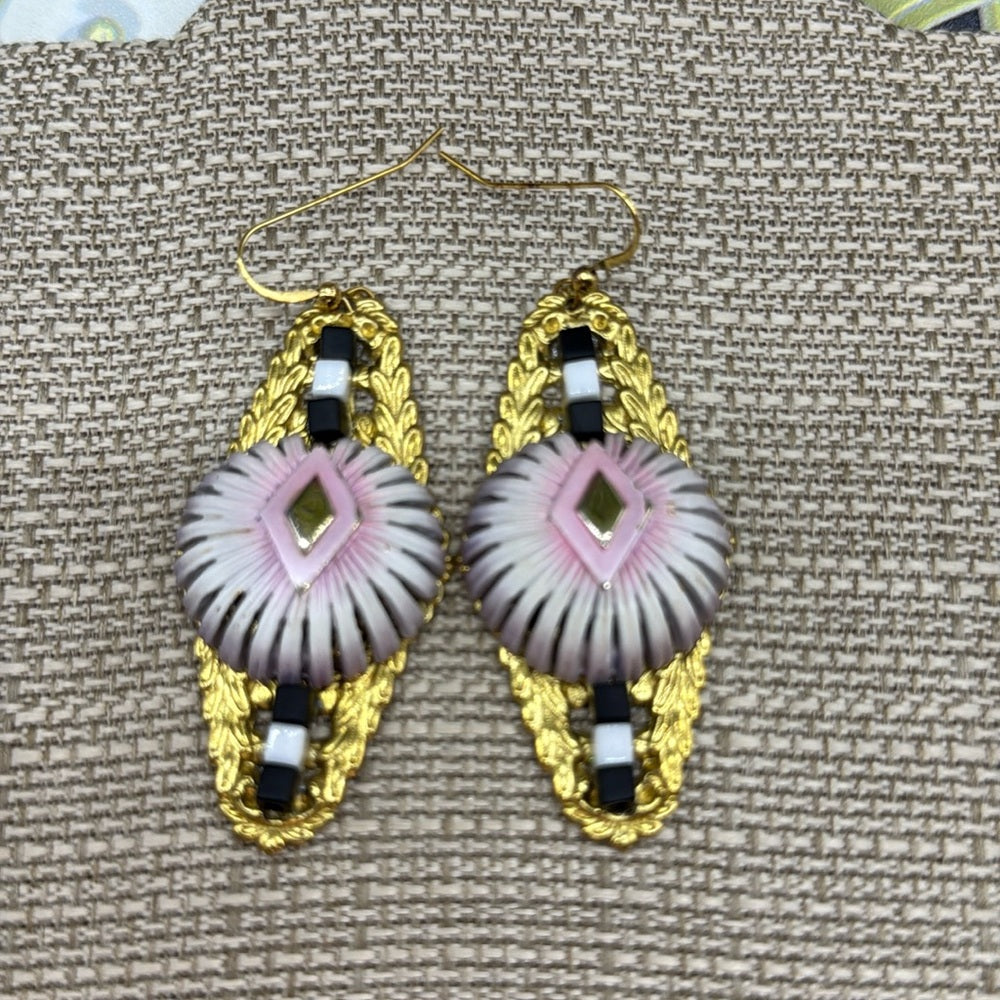 Adorned Crown Jewelry assemblage filigree pink black mod earrings