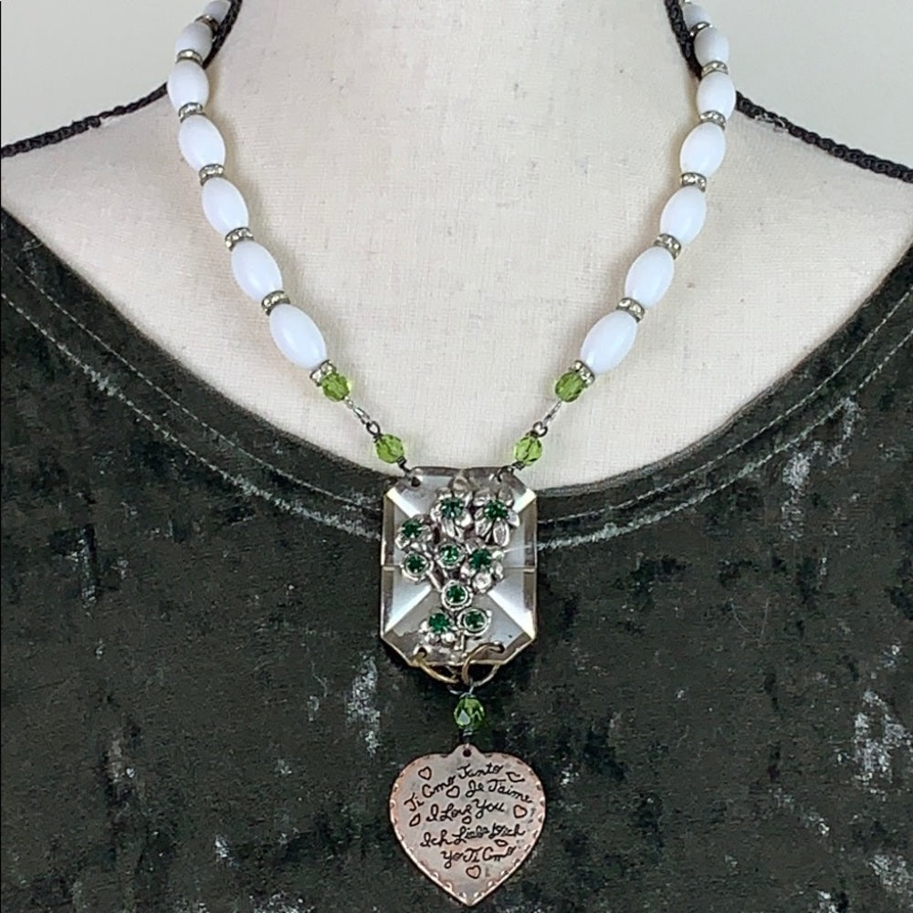 Adorned Crown artisan assemblage I love you in any language pendant necklace