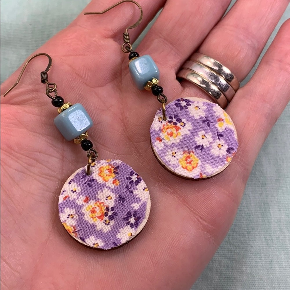 Adorned Crown vintage fabric wood disc bead earrings Purple blue