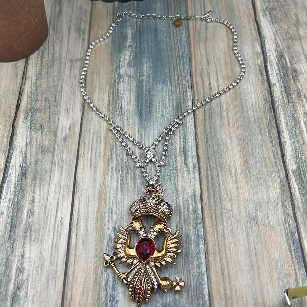 Adorned Crown Artisan Assemblage red eagle crest rhinestone necklace