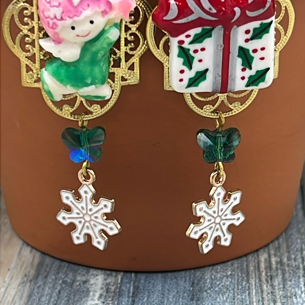 Adorned Crown Jewelry asymmetrical angel present Christmas earrings