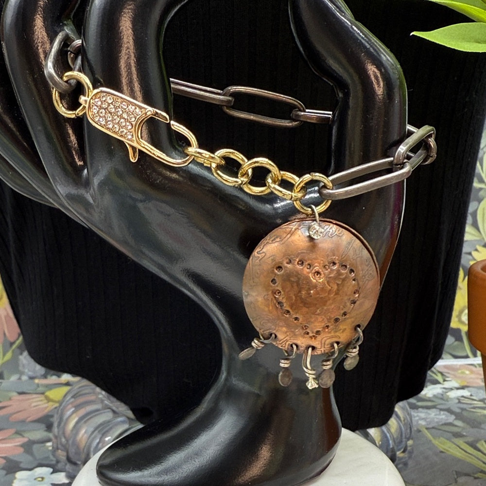 Adorned Crown Jewelry assemblage mixed metal copper heart pave clasp bracelet