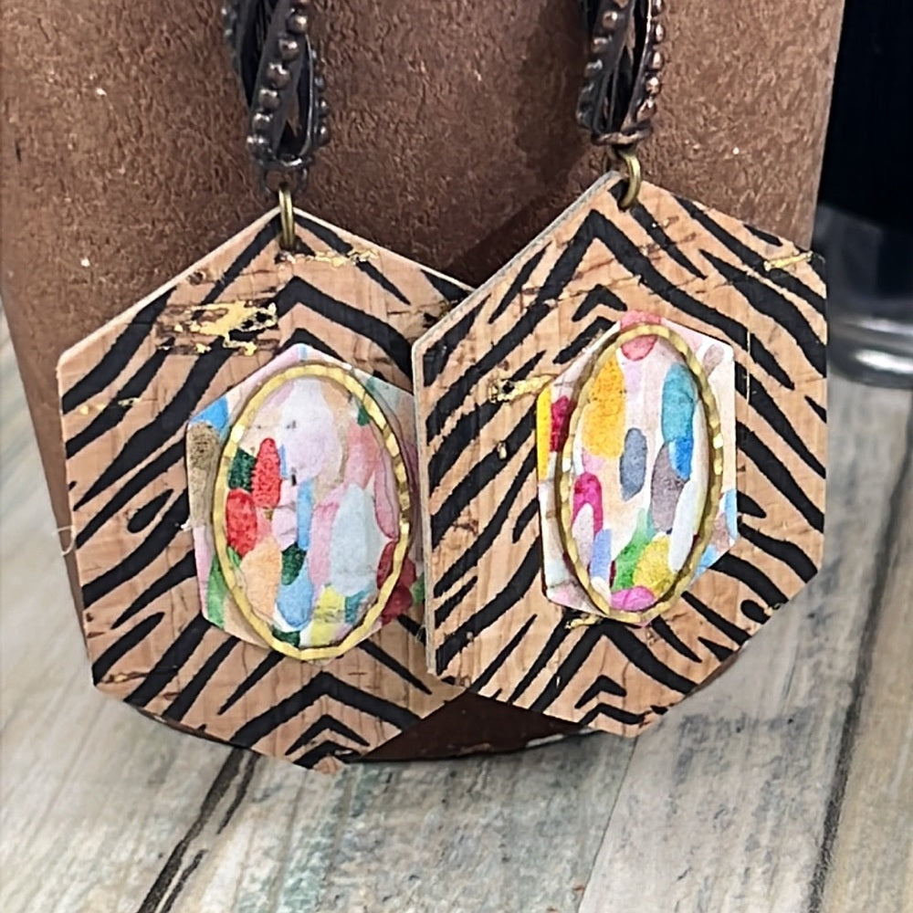 Adorned Crown Artisan Assemblage faux leather & metal zebra cork earrings