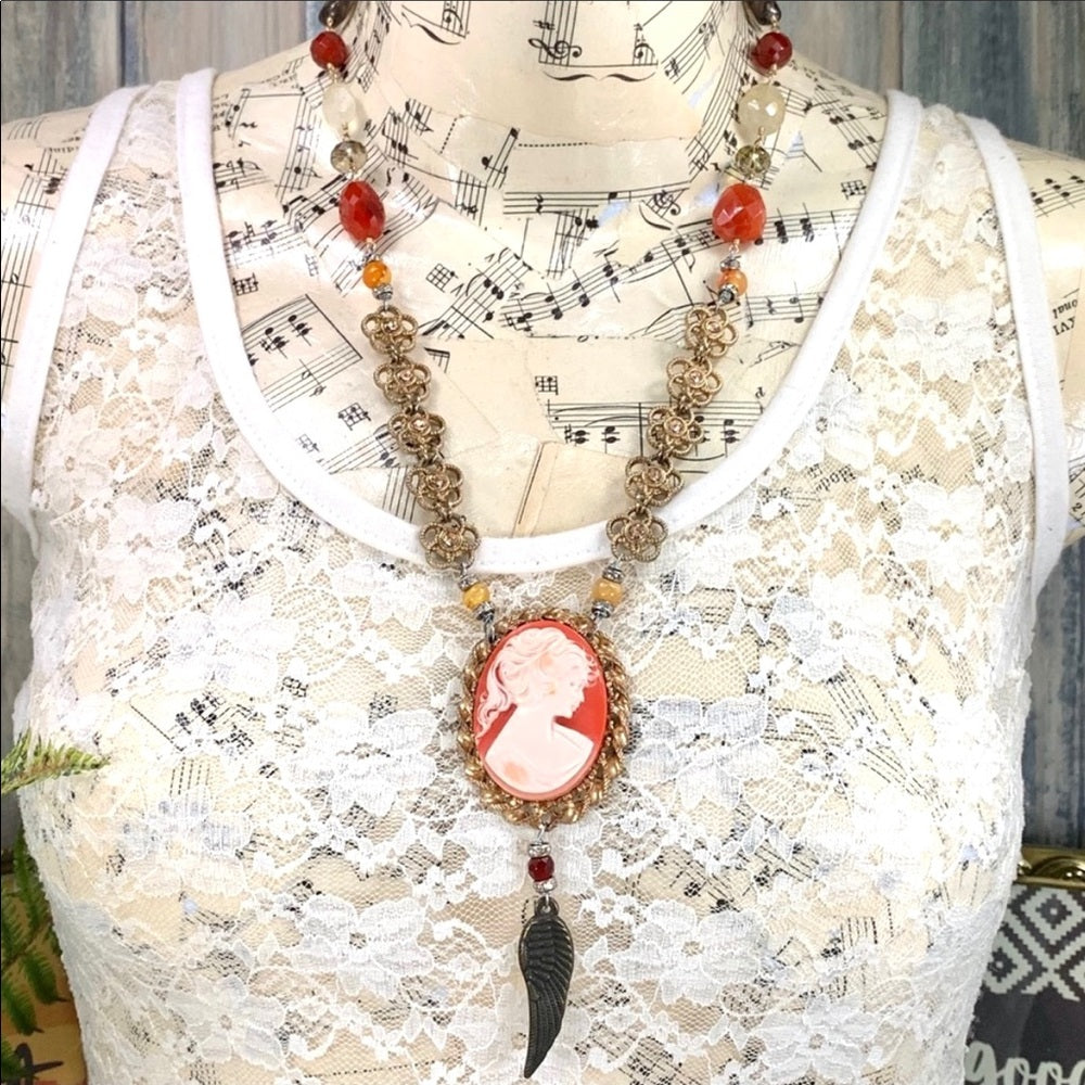 Adorned Crown artisan assemblage cameo citrine carnelian bead necklace