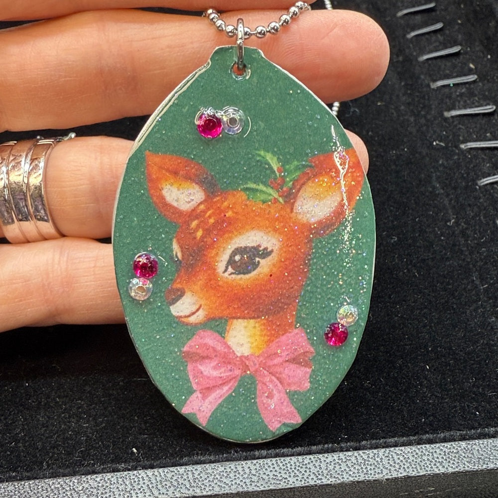 Adorned Crown Jewelry assemblage Christmas deer flat spoon necklace