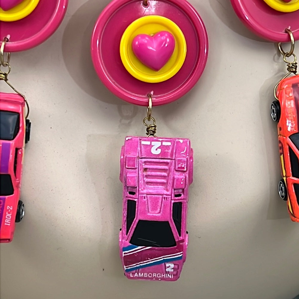 Adorned Crown artisan assemblage child’s play pink car necklace