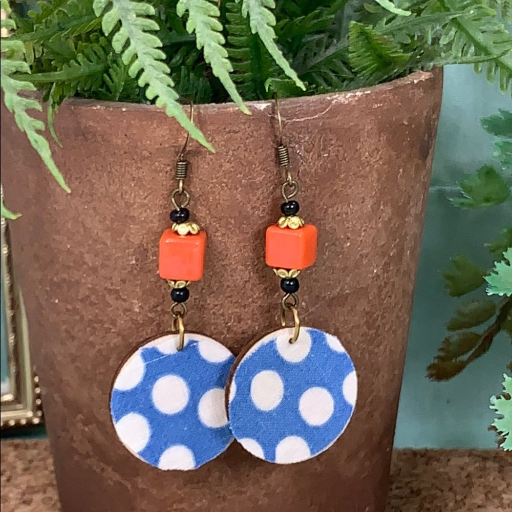 Adorned Crown assemblage vintage fabric wood disc earrings blue orange