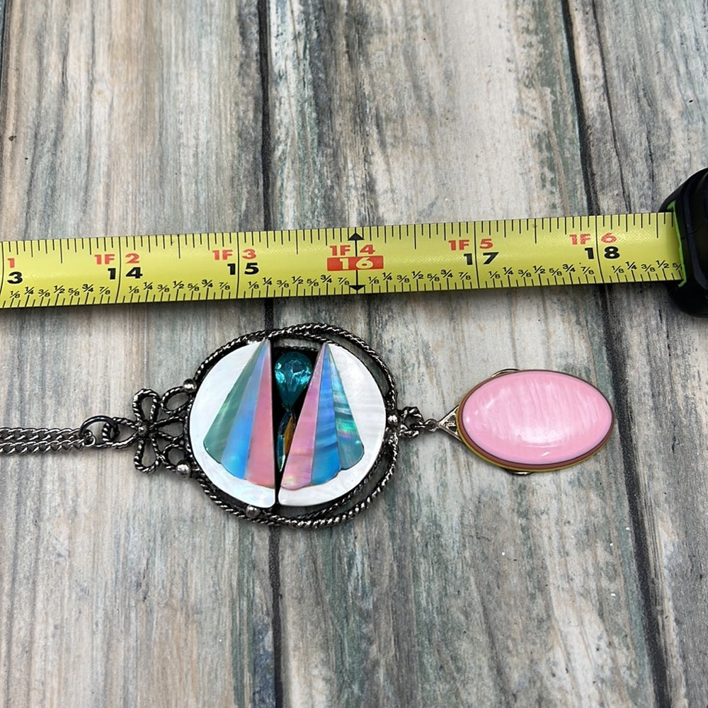 Adorned Crown Jewelry artisan assemblage pink drop shell fan necklace