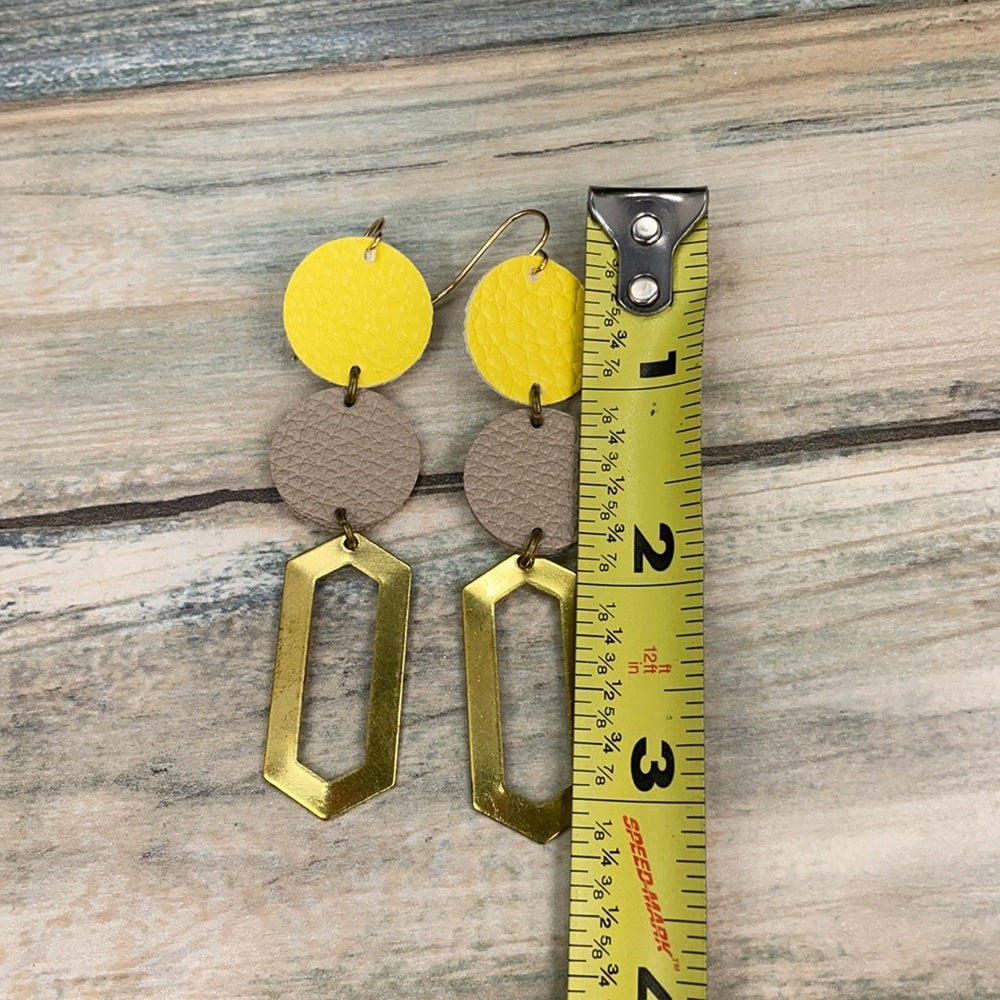 Adorned Crown geo yellow gray double leather earrings