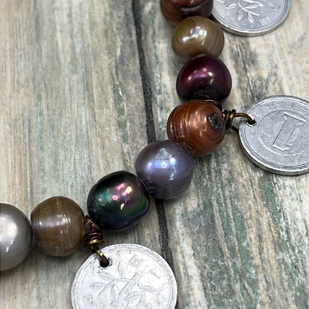 Adorned Crown Artisan Assemblage Tahitian Pearl coins enamel flower necklace