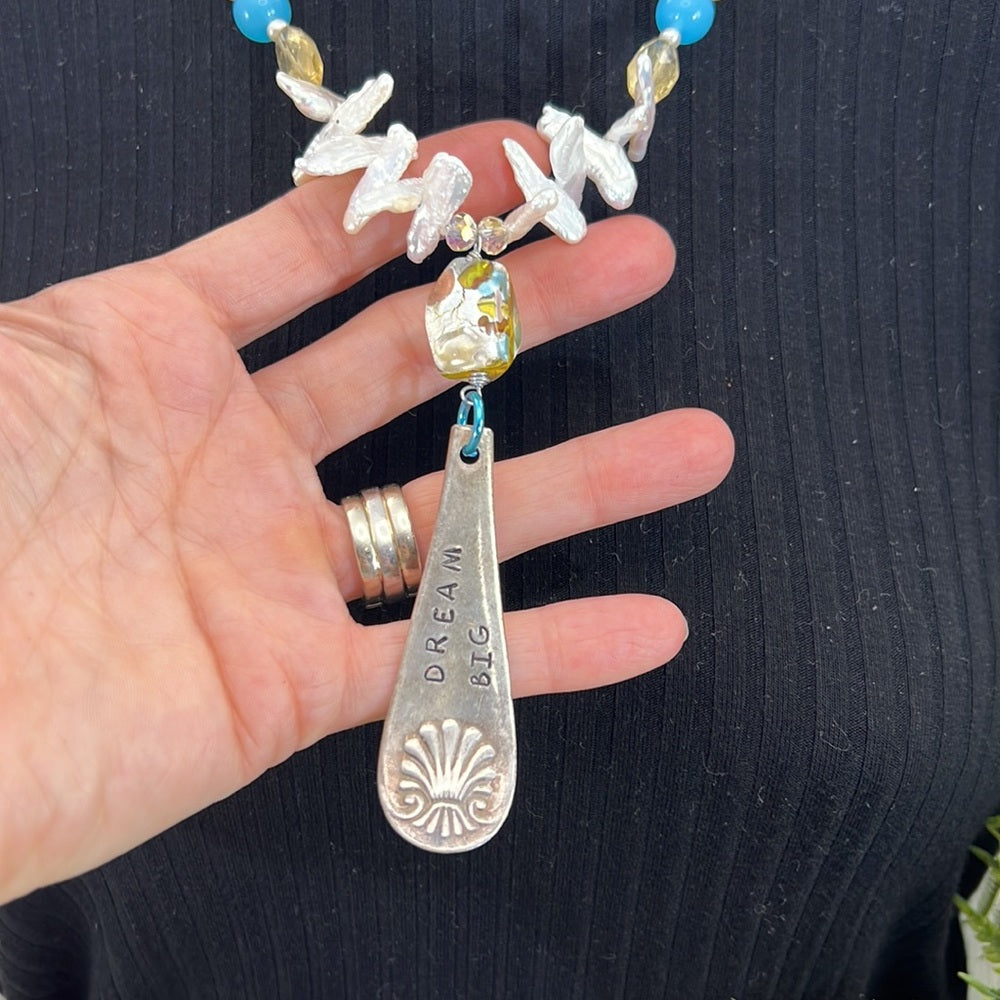 Adorned Crown Artisan Assemblage yellow jade teal quartz dream big necklace