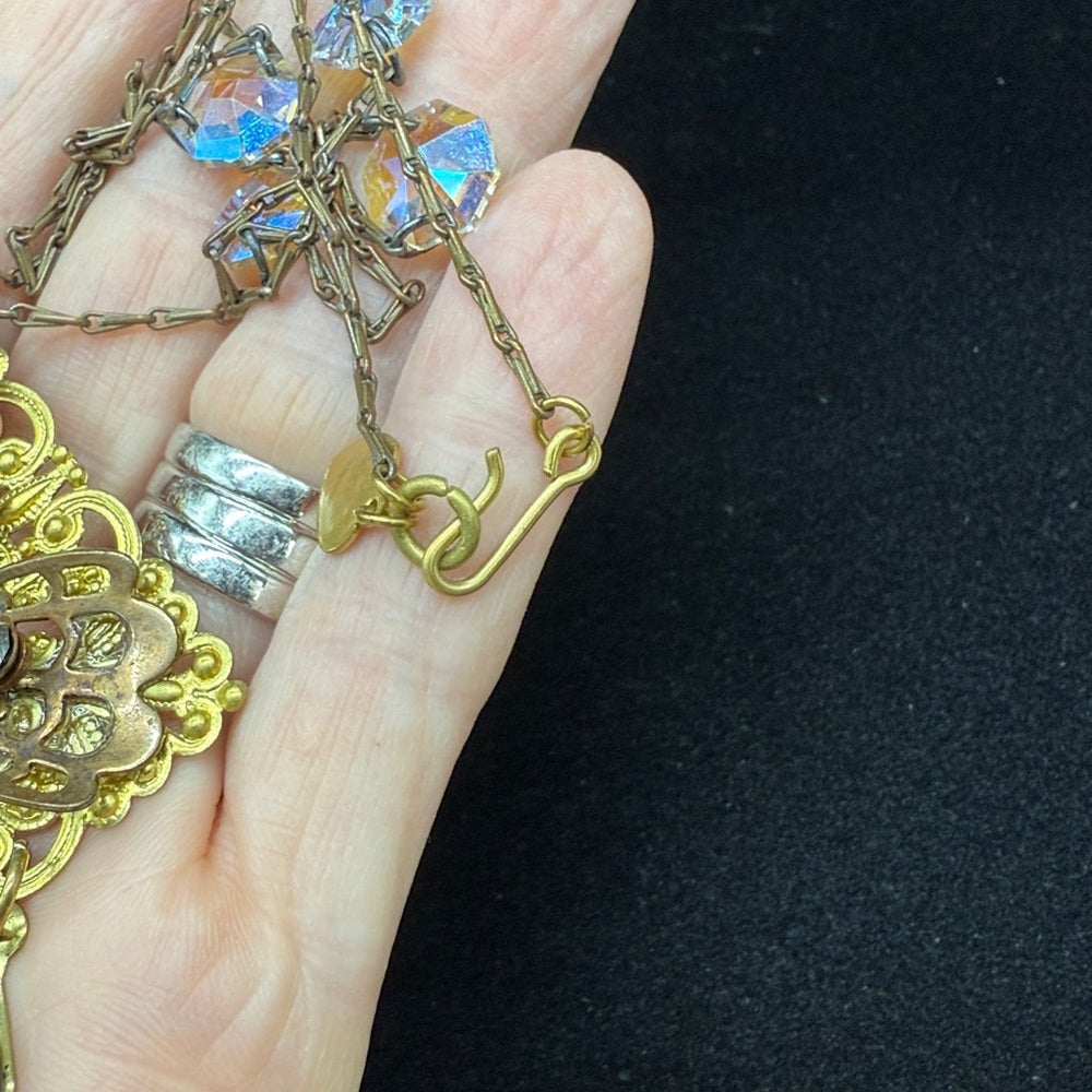 Adorned Crown Jewelry assemblage filigree and charm crystal long necklace
