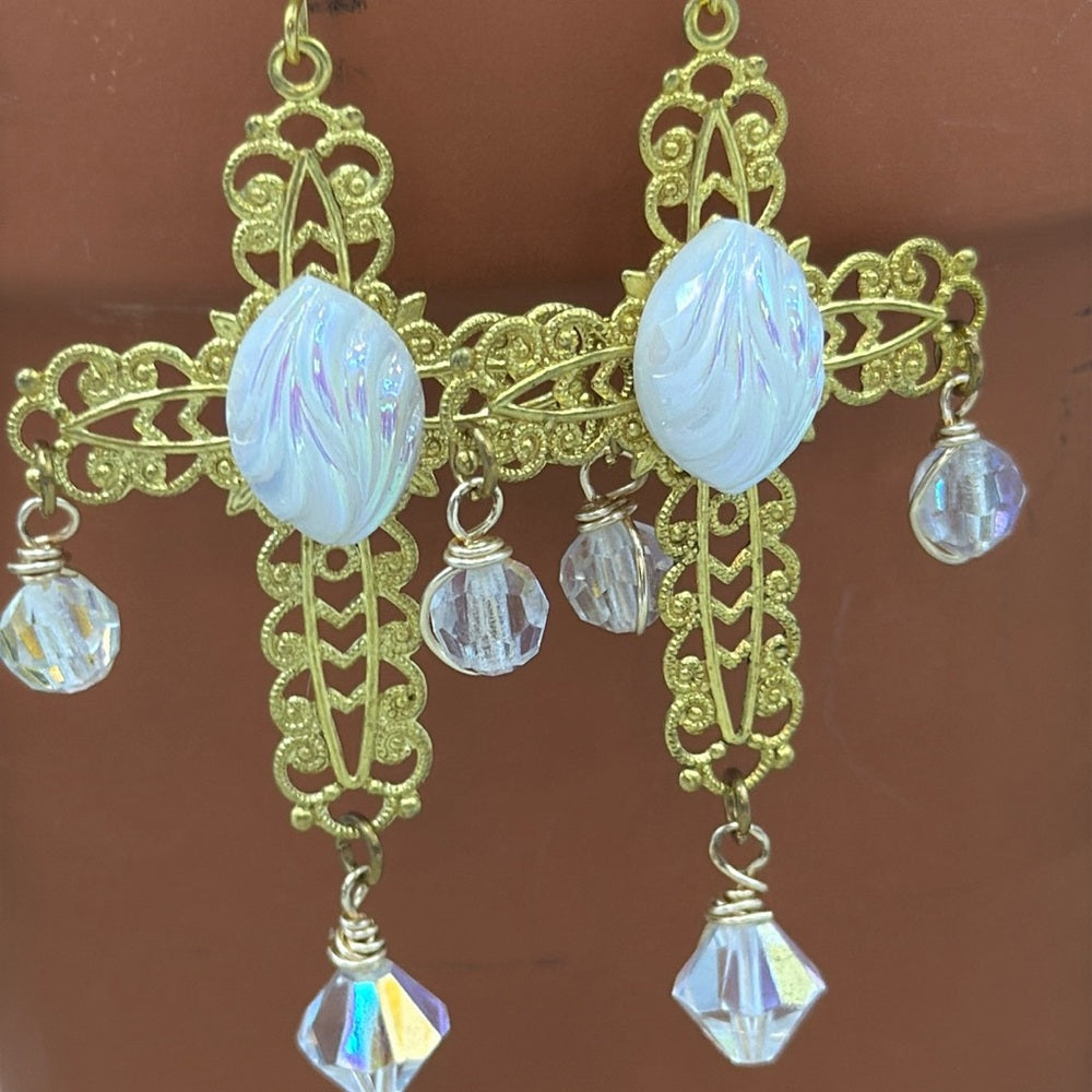 Adorned Crown Jewelry assemblage filigree cross with Czech glass and crystals