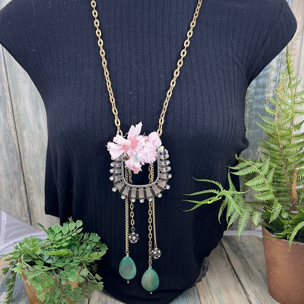 Adorned Crown cowgirl collection pink belt buckle green stone drop necklace