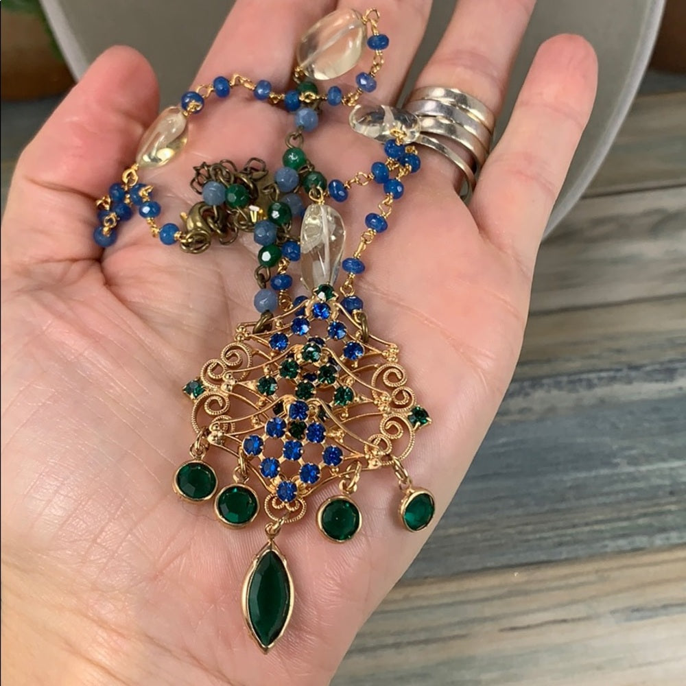 Adorned Crown artisan assemblage green rhinestone drop necklace