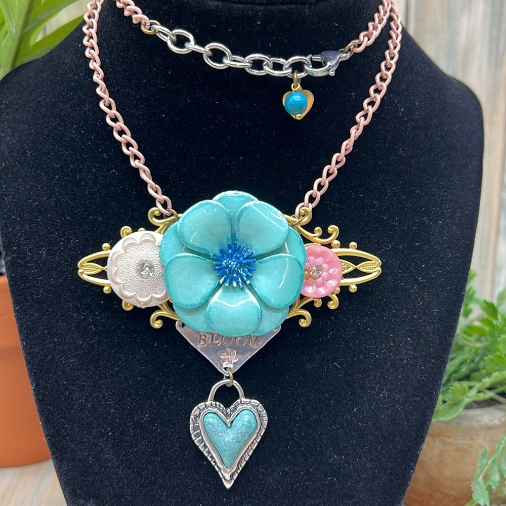 Adorned Crown Jewelry assemblage BLOOM enamel flower heart necklace