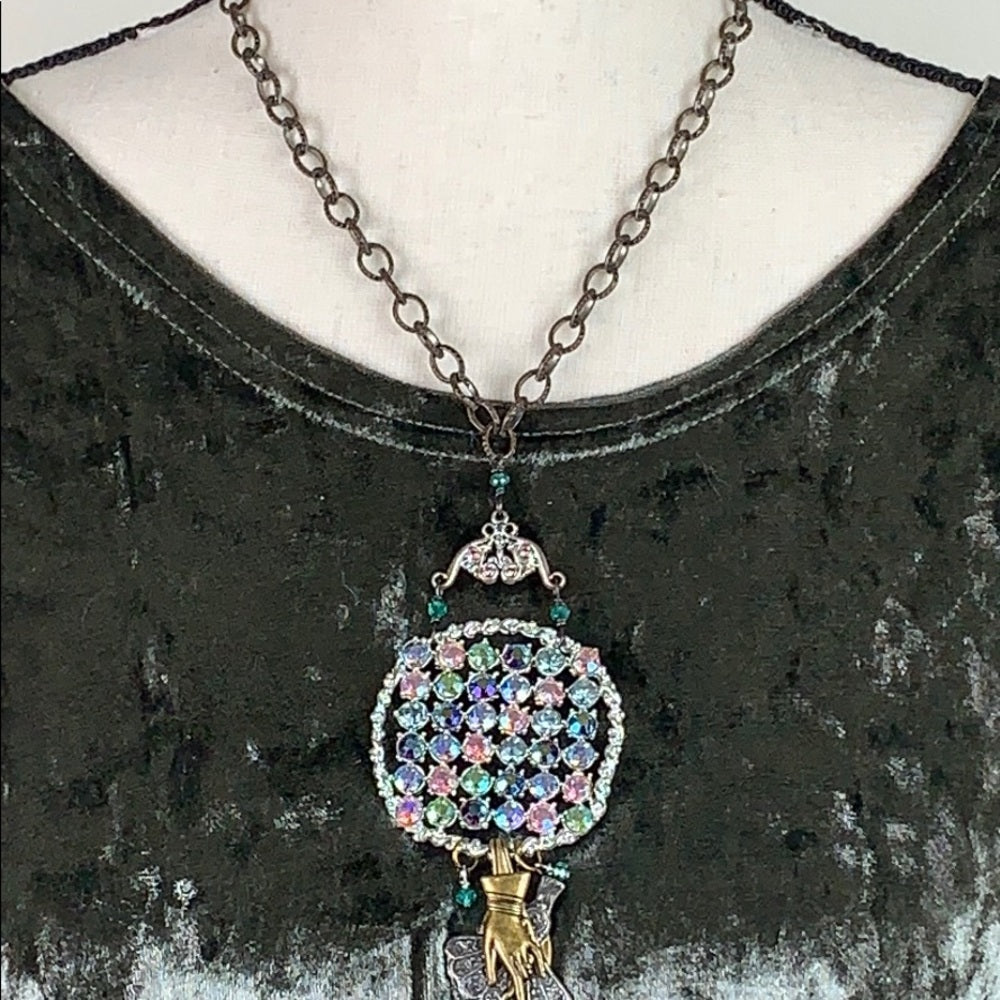 Adorned Crown artisan assemblage pastel rhinestone charm fan necklace