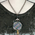 Adorned Crown artisan assemblage pastel rhinestone charm fan necklace