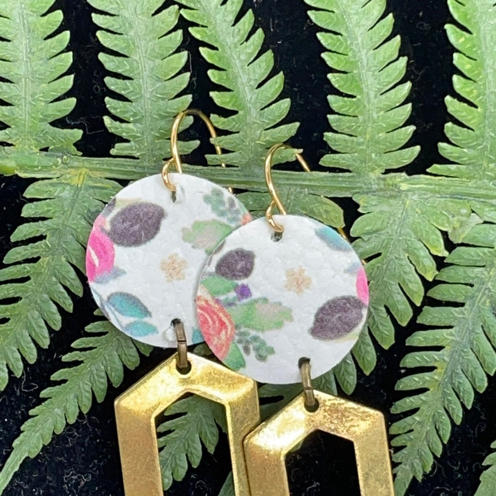 Adorned Crown geo abstract floral leather brass earrings