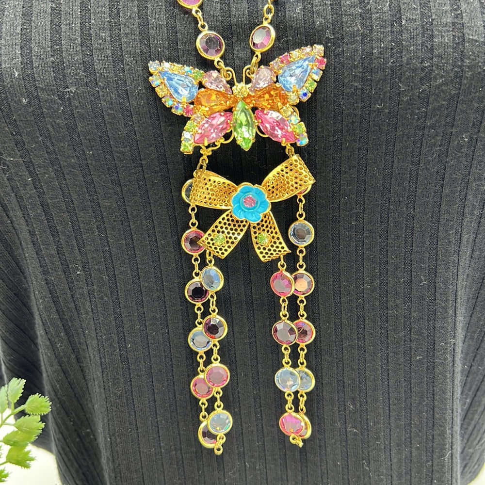 Adorned Crown Jewelry rhinestone butterfly enamel bow pastel chain necklace