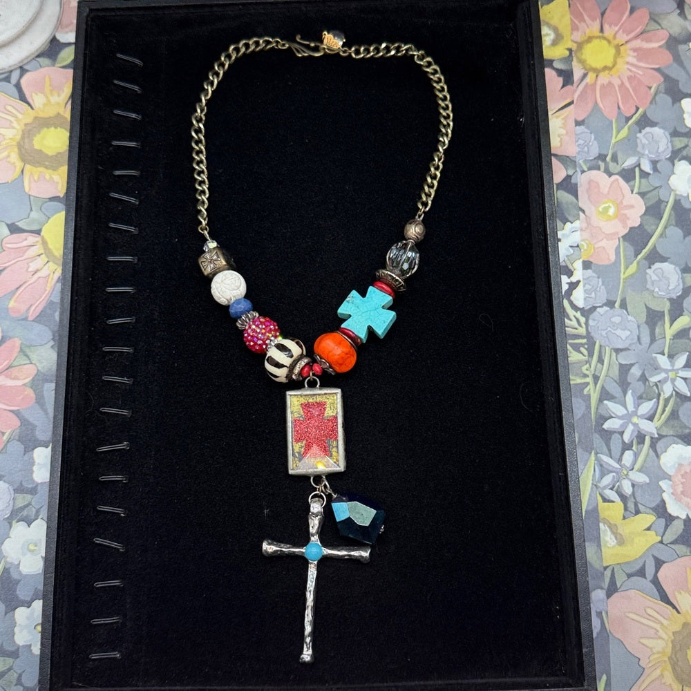 Adorned Crown Jewelry assemblage three cross bauble bead bezel necklace