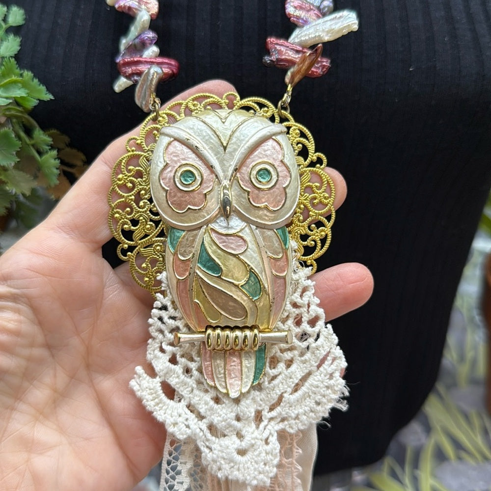 Adorned Crown Jewelry assemblage enamel owl tassel pearl boho long necklace