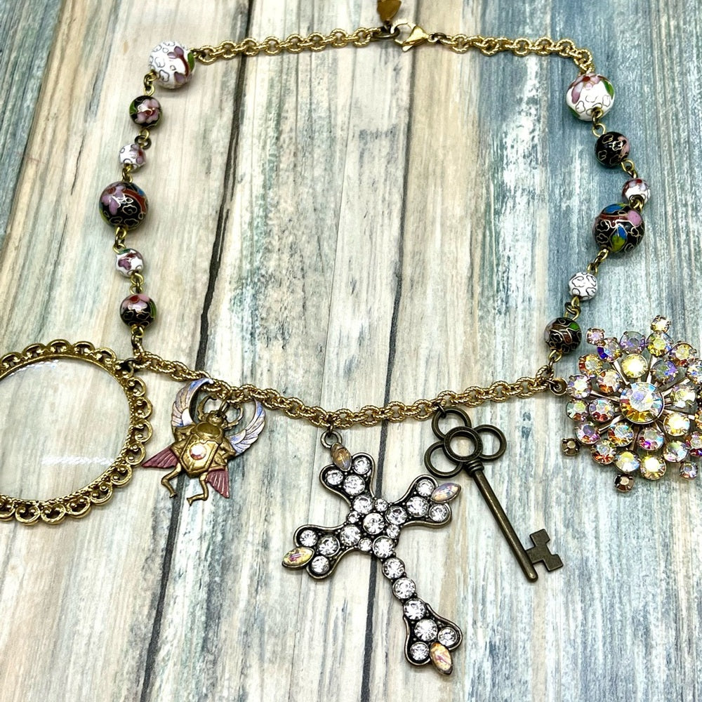 Adorned Crown Jewelry assemblage rhinestone cross eyeglass scarab necklace