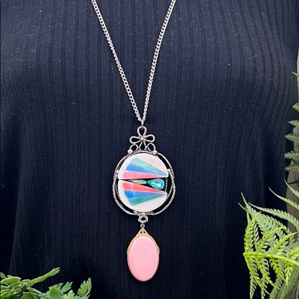Adorned Crown Jewelry artisan assemblage pink drop shell fan necklace