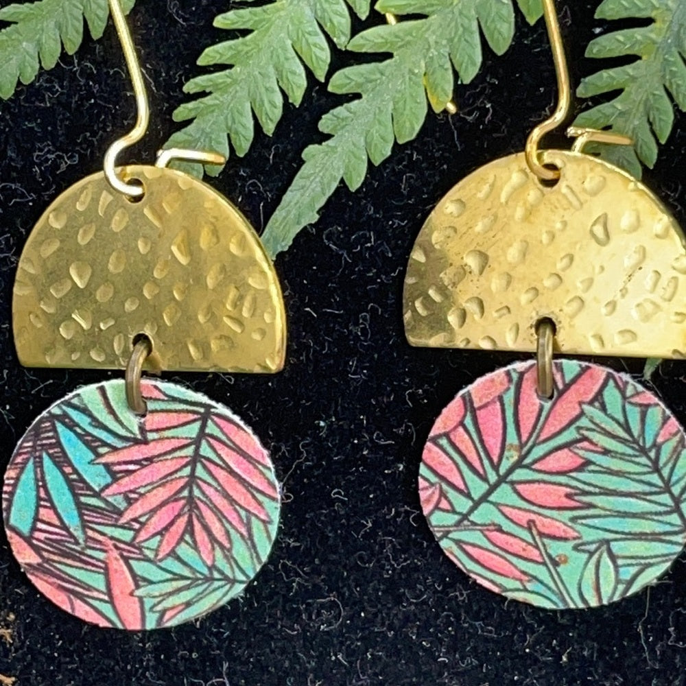Adorned Crown geo tropical floral leather hammered brass earrings