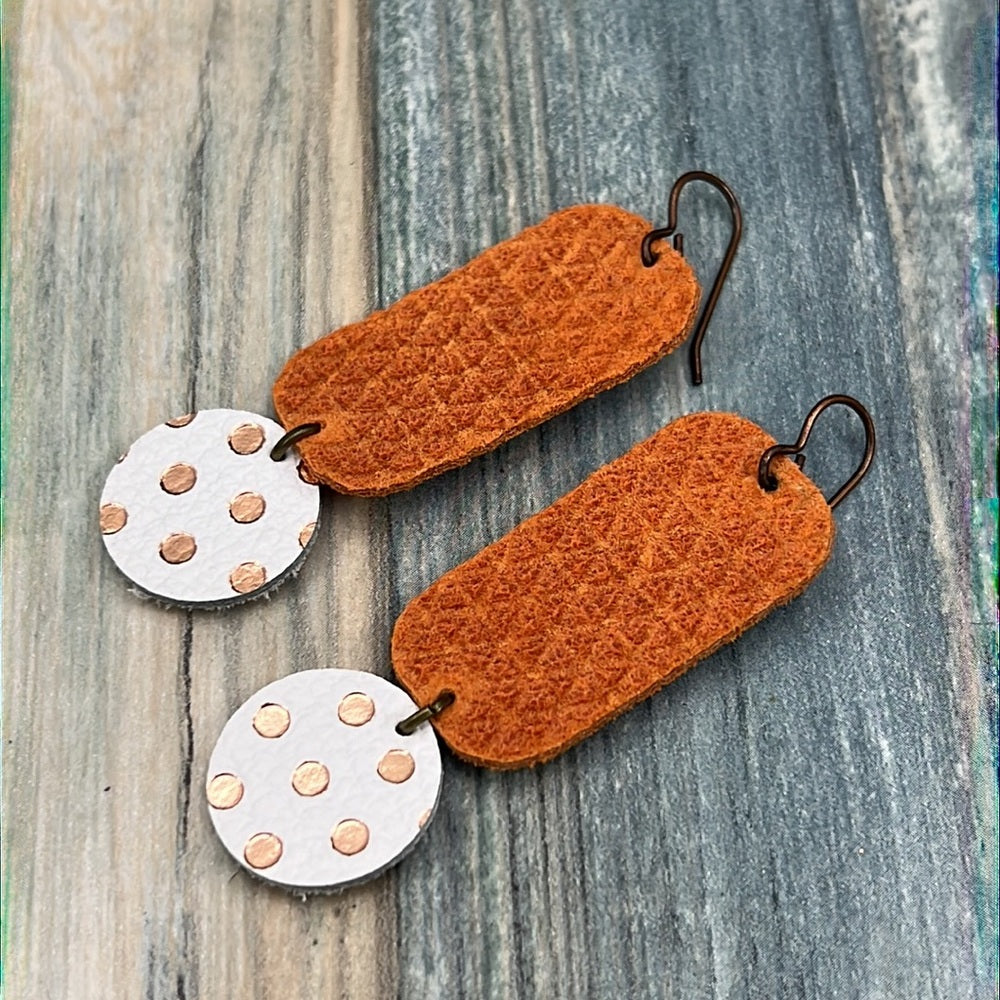 Adorned Crown Artisan leather statement lightweight earrings orange dot