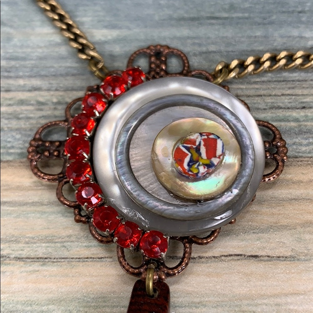 Adorned Crown artisan assemblage wood bead button rhinestone necklace