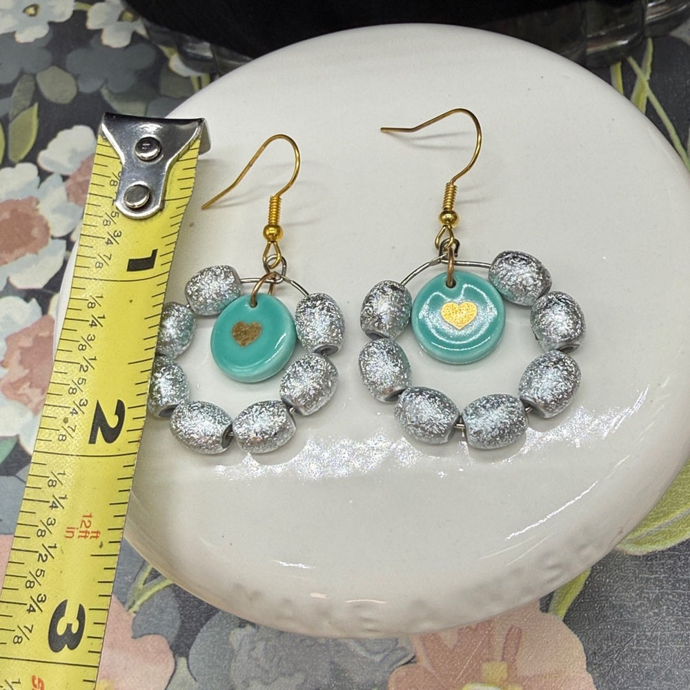 Adorned Crown Jewelry assemblage ceramic heart glass beads sea foam earrings
