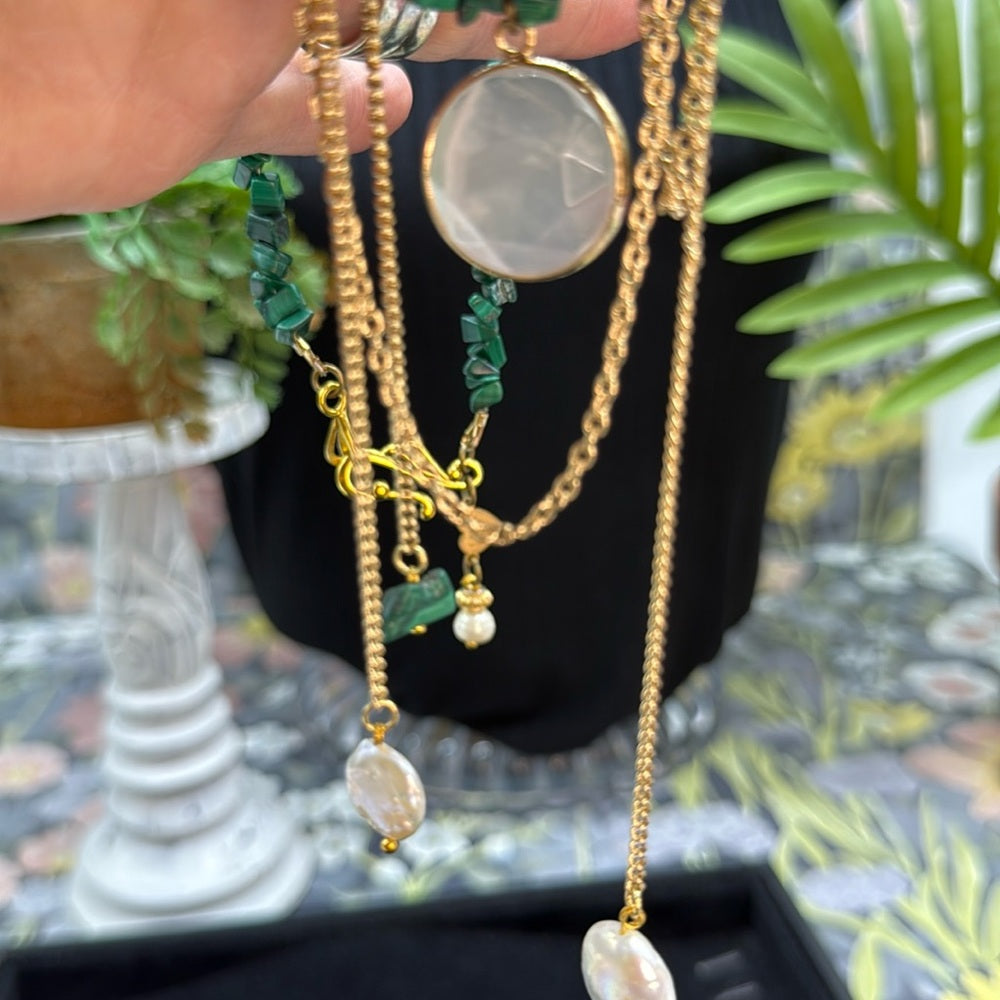 Adorned Crown Jewelry assemblage malachite quartz pearl drop necklace