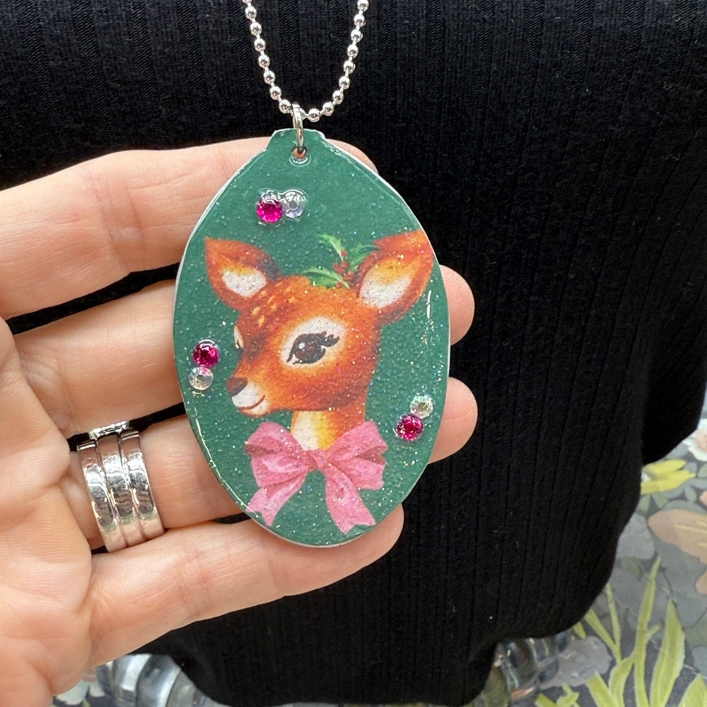 Adorned Crown Jewelry assemblage Christmas deer flat spoon necklace
