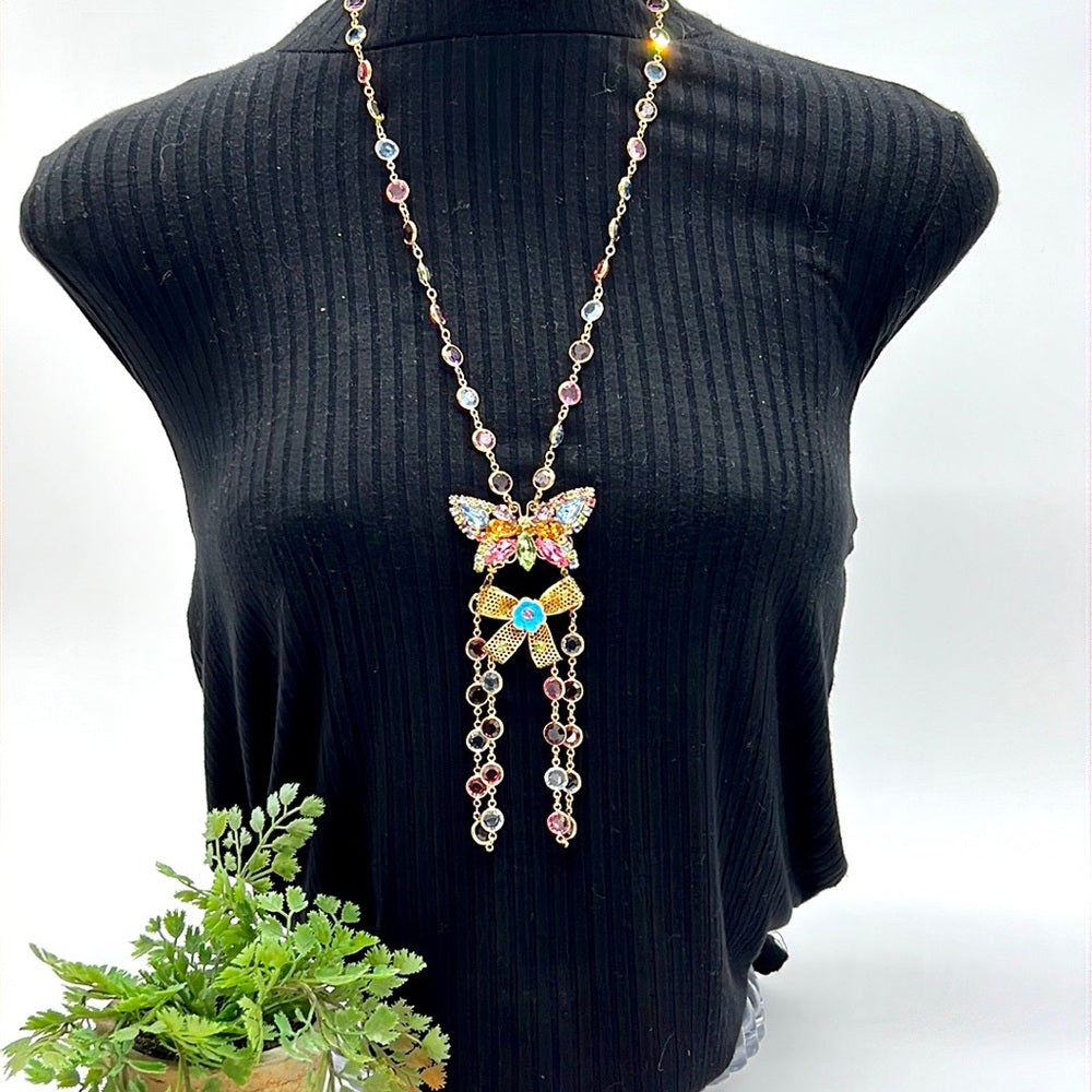 Adorned Crown Jewelry rhinestone butterfly enamel bow pastel chain necklace