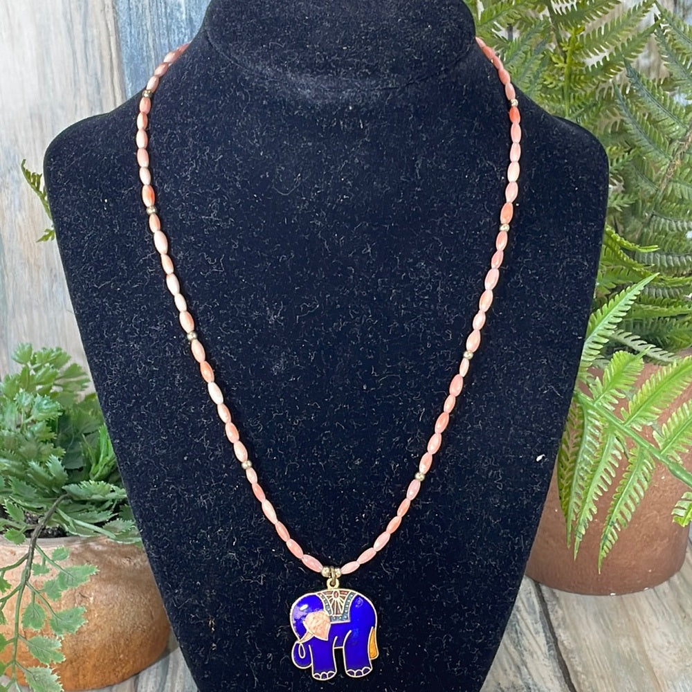 Adorned Crown Artisan assemblage vintage coral cloisonné elephant necklace