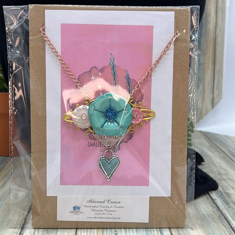 Adorned Crown Jewelry assemblage BLOOM enamel flower heart necklace