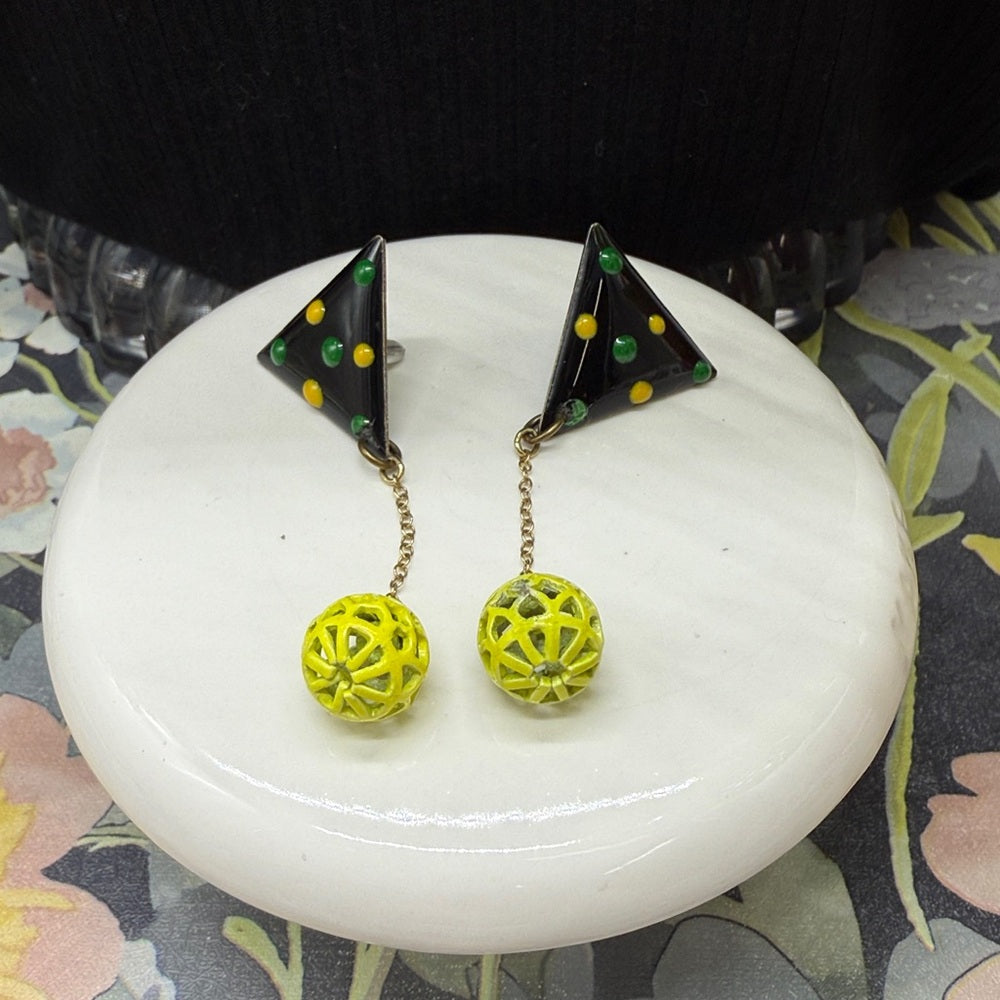 Adorned Crown Jewelry assemblage green triangle enamel cage drop post earrings