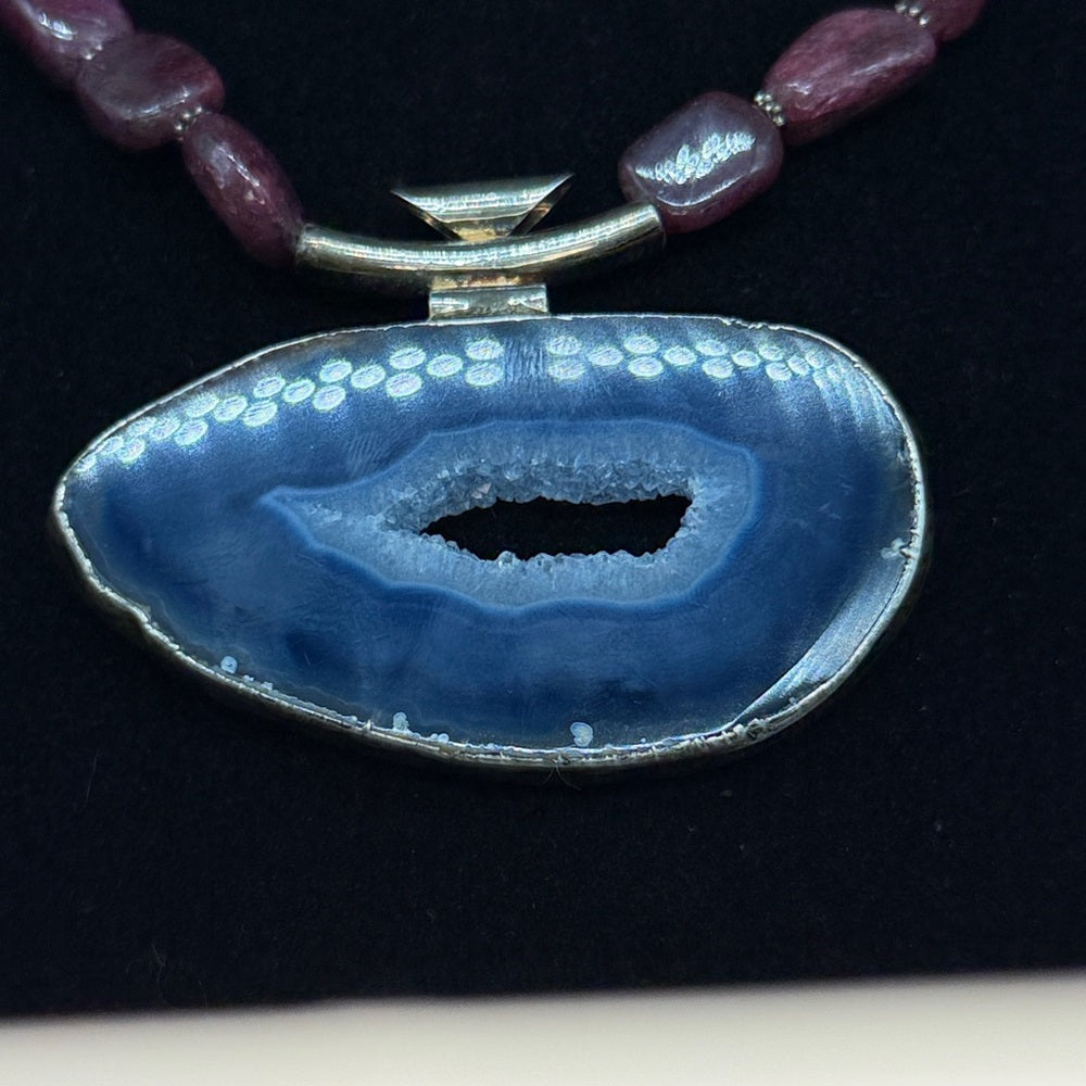 Adorned Crown Jewelry assemblage natural ruby blue agate slice necklace