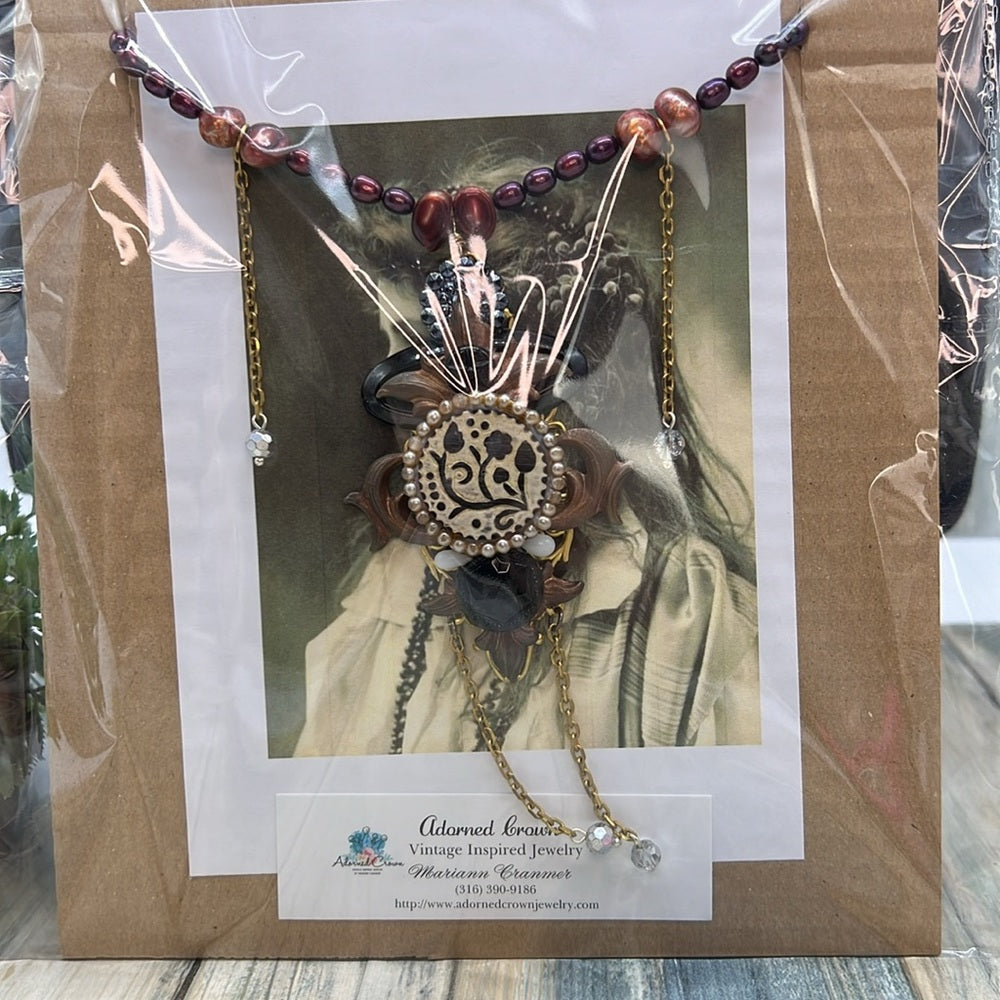Adorned Crown Jewelry Pearl steampunk collage pendant necklace