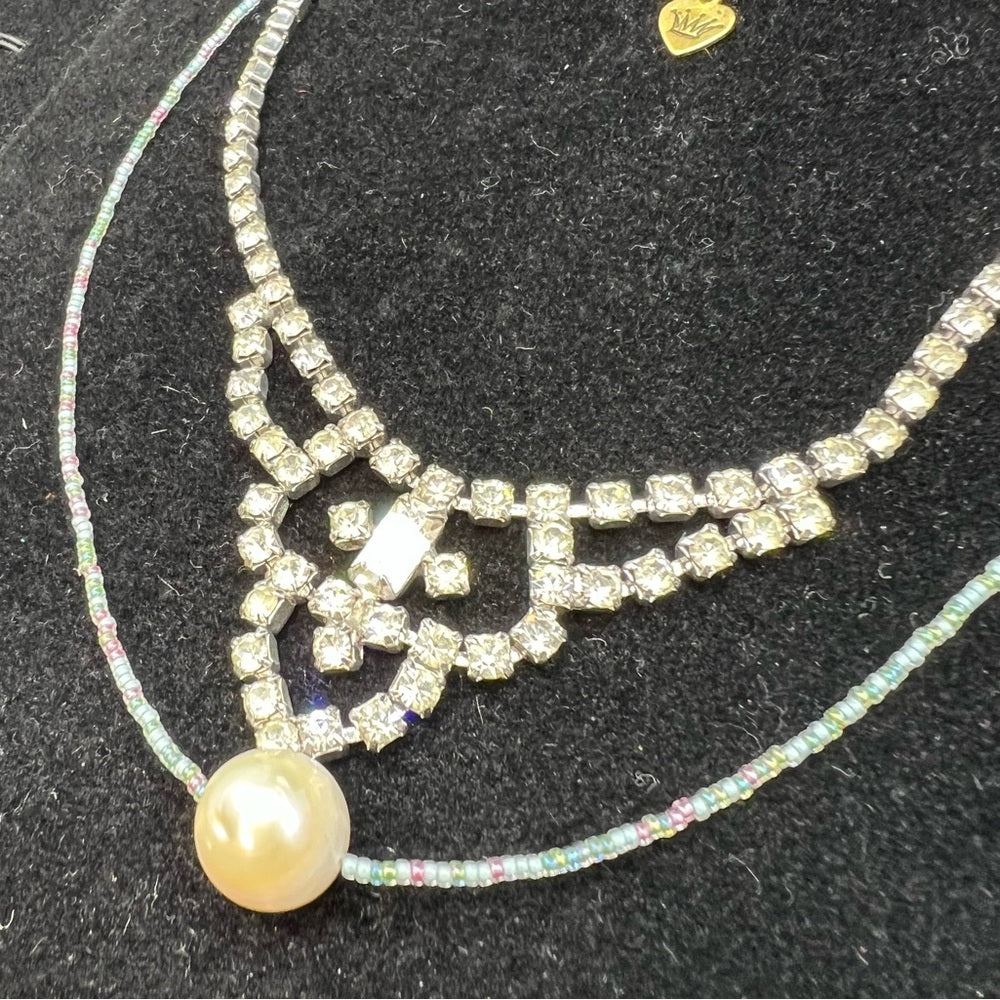 Adorned Crown Jewelry double strand beaded pearl rhinestone choker necklace