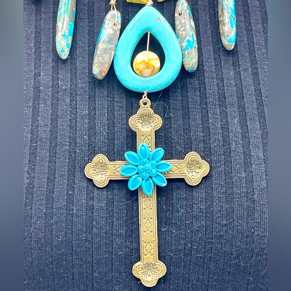 Adorned Crown Jewelry artisan assemblage enamel turquoise cross necklace