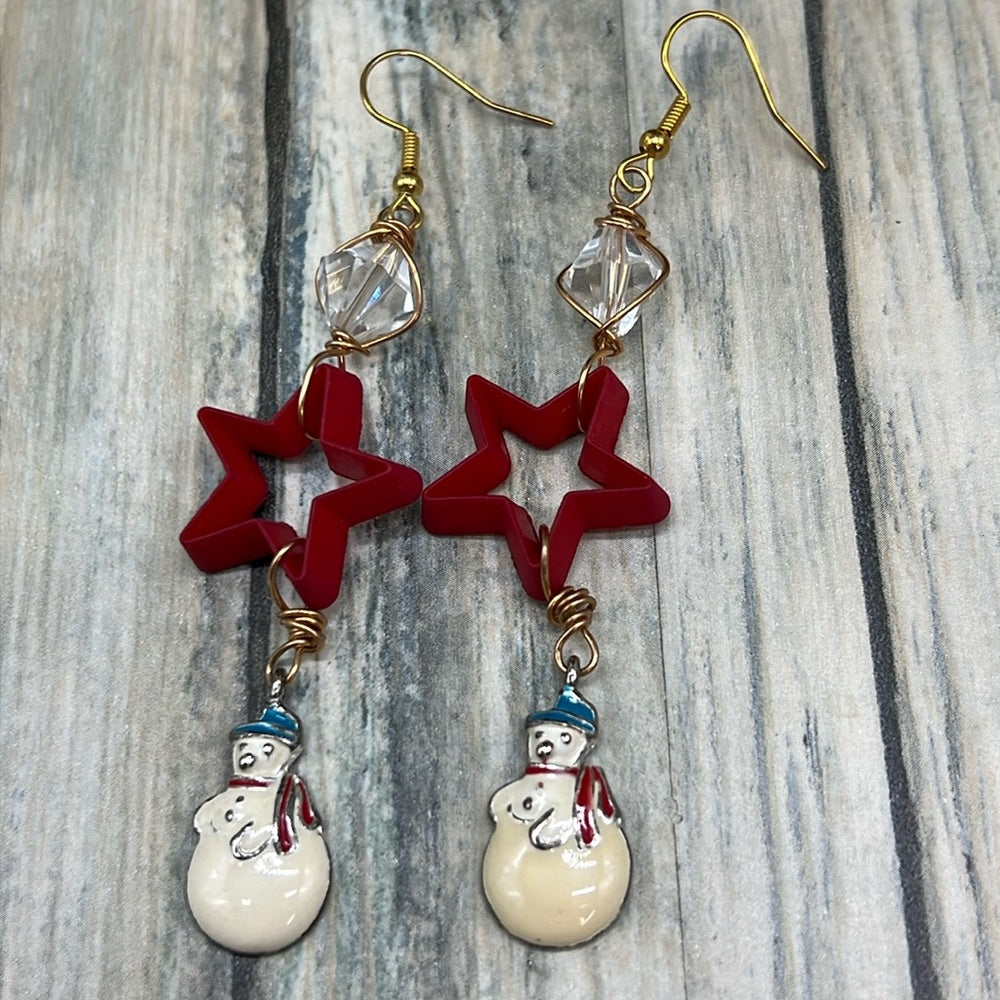 Adorned Crown Jewelry assemblage Christmas star snowman crystal earrings