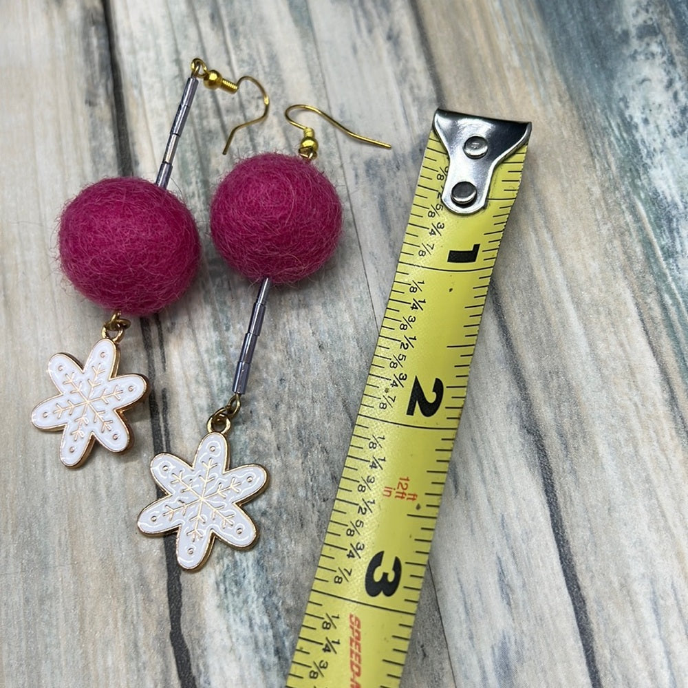 Adorned Crown Jewelry assemblage Christmas earrings pink wool ball snowflake
