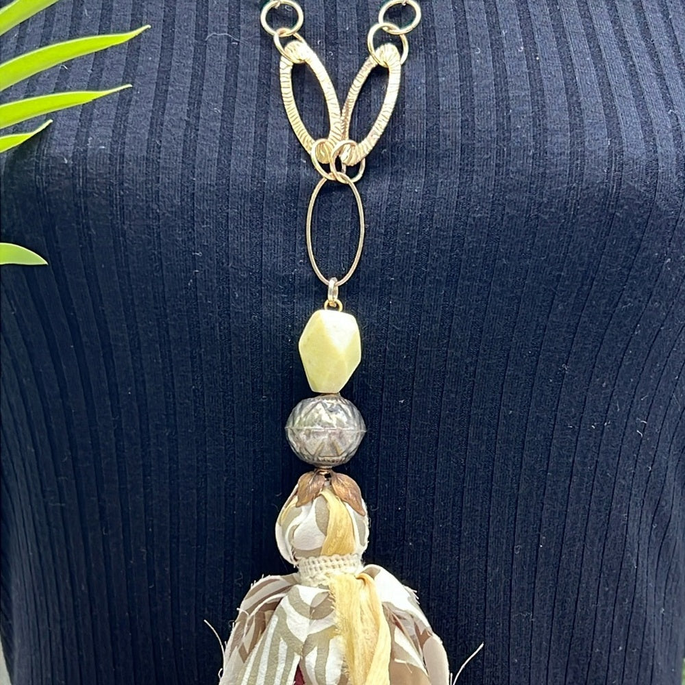 Adorned Crown Jewelry assemblage green yellow tassel stone bead necklace