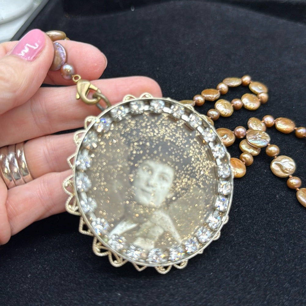 Adorned Crown Jewelry assemblage filigree vintage photo pendant pearl necklace