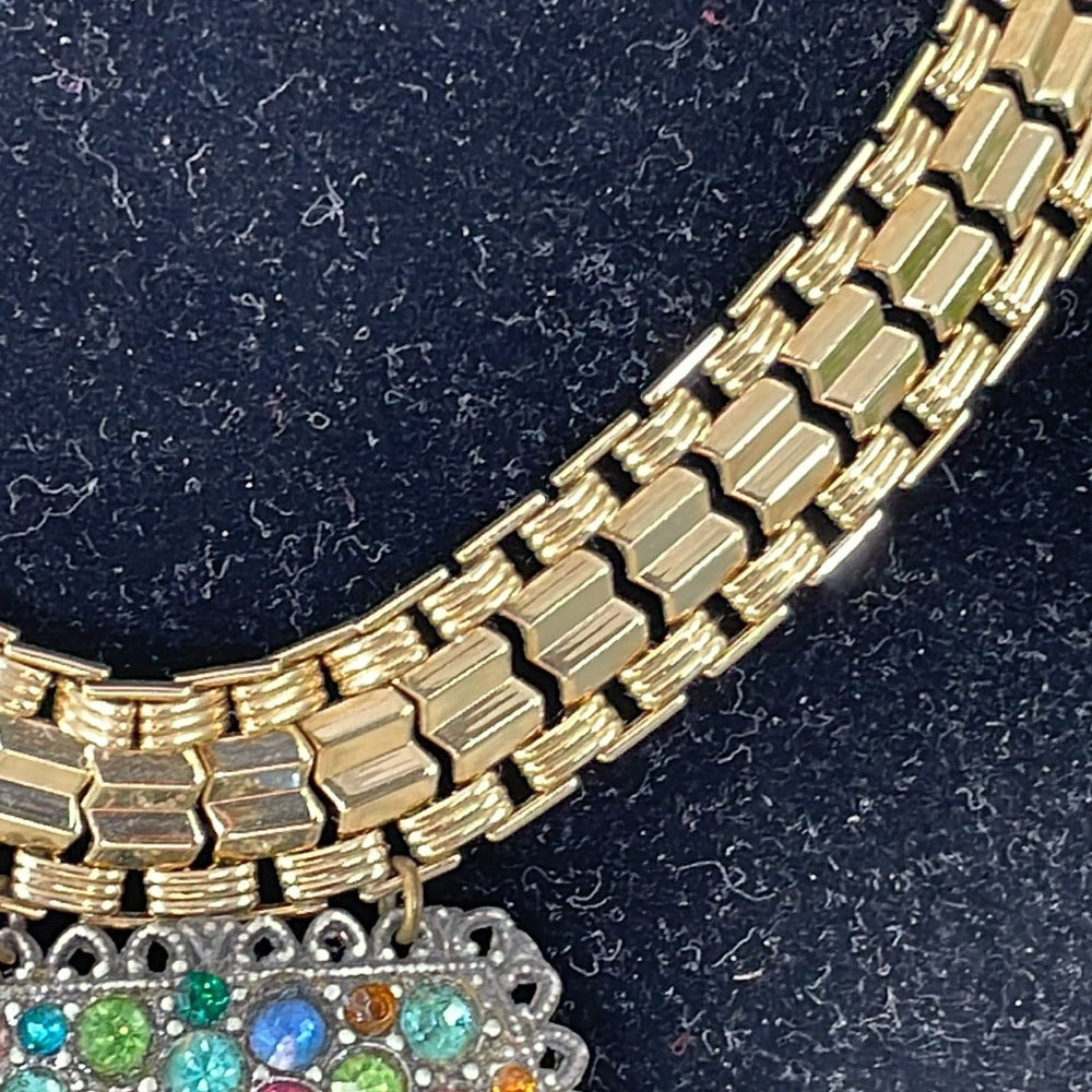 Adorned Crown Artisan assemblage wide golden collar rhinestone necklace